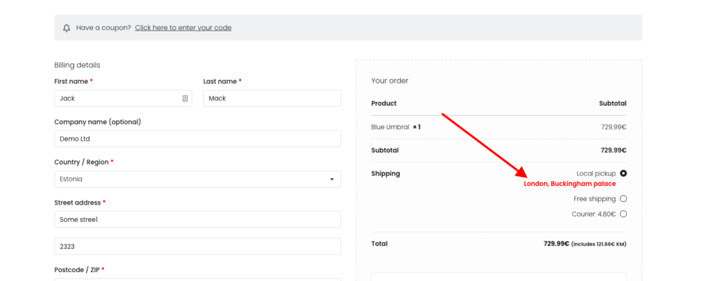 How to display Woocommerce store address for Local pickup shipping method?