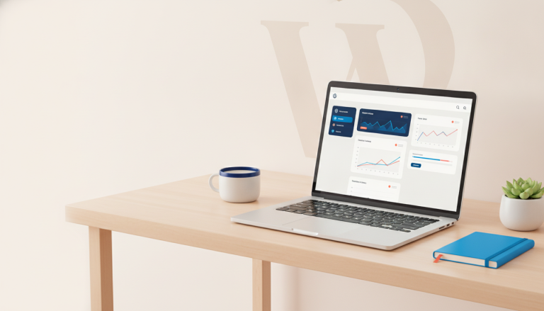 Laptop showing a clean, simplified WordPress admin dashboard workspace